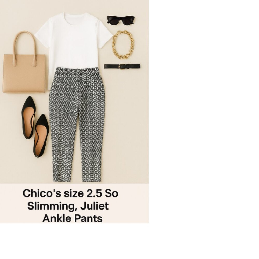 New Chico's Size 2.5, So Slimming Juliet Black/White Ankle Pants, Sleek.
